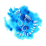 Reflexology.  Foot  Reflexology.  Inspection, prevention reflexes and therapy.  Silhouette of feet on blue watercolor background  for your design.  EPS10.